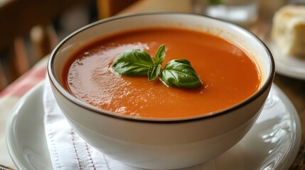 Savoring homemade tomato basil soup kitchen table food photography cozy environment close-up view comfort concept