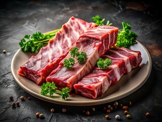 Fototapeta premium Juicy Raw Pork Ribs on White Plate - Delicious BBQ Recipe Inspiration - High-Resolution Food Photography