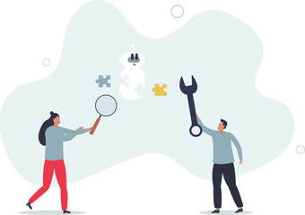 Youth in tech and teenagers work with robots coding. Programming artificial intelligence device with software and electronic engineering.flat characters.