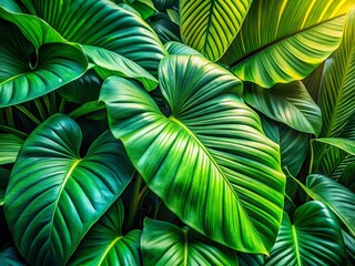 Layered Tropical Leaves Gradient Green Background Action Shot - Jungle Foliage