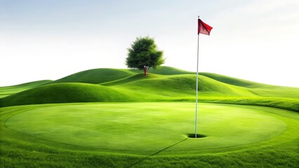 Obraz premium Lush Green Golf Putting Green Hilltop Flag - Rule of Thirds Composition