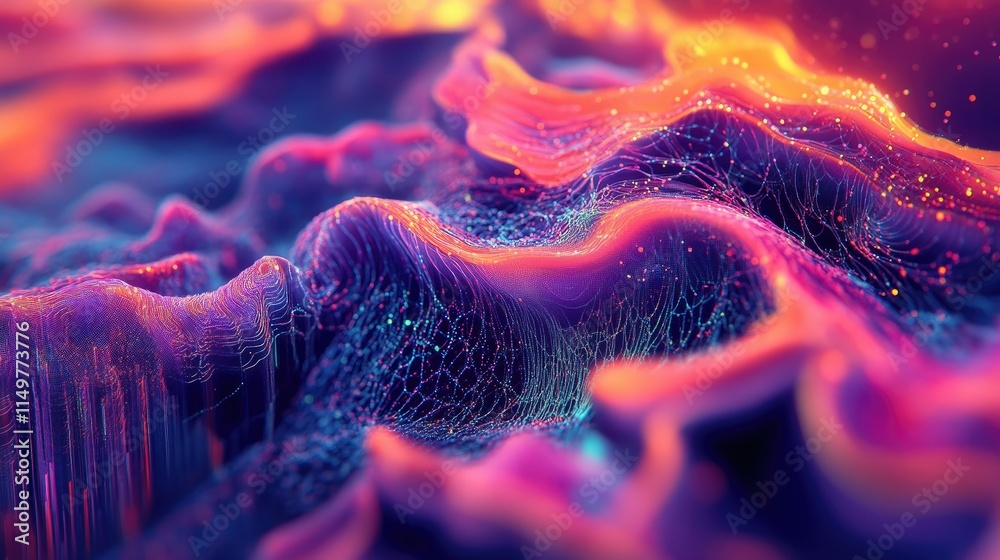 Poster advanced data science visualization showing 3d flow patterns, neural connections, and analytics in a
