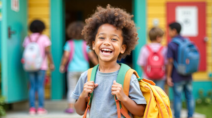 Children enjoying a sunny day outside their school while a girl laughs joyfully