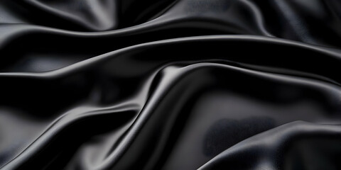 Fototapeta premium A close-up of smooth, black satin fabric with elegant folds and creases.