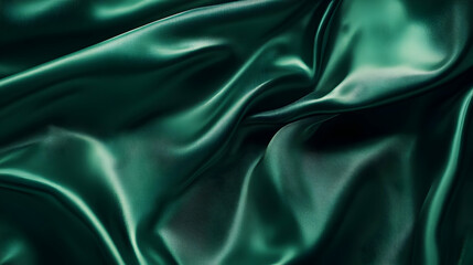 Fototapeta premium A close-up view of smooth, dark green satin fabric with elegant folds and textures.