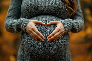  hands creating a heart shape on the woman’s pregnant belly, symbolizing their love and anticipation for their growing family. Soft background blurred to focus on the hands and bump. 
