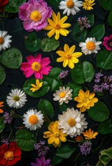 Colorful Flowers and Lily Pads Floating on Water