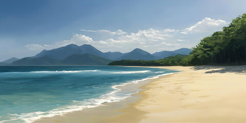 A serene beach scene with mountains, lush greenery, and gentle waves under a clear sky.