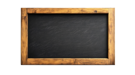 Wooden framed chalkboard sign with a blank surface, perfect for writing menus or messages. Isolated on transparent background