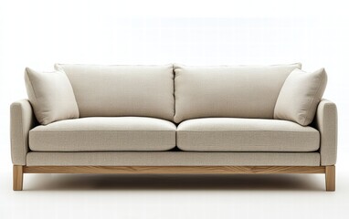 Clean modern sofa in a well-lit room with neutral tones, light wood accents, and soft cushions