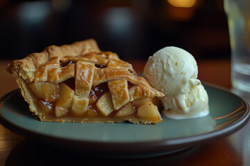 Delicious slice of classic apple pie with vanilla ice cream served on a ceramic plate, showcasing golden lattice crust, caramelized apple filling, and a sprinkle of powdered sugar, perfect for dessert
