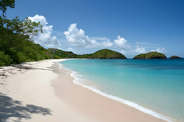 Serene beach with turquoise water and lush greenery under a clear blue sky.