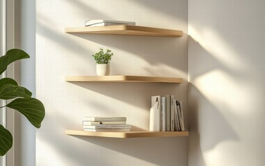 Fototapeta premium Compact corner shelves in a bright bedroom with a minimalist vibe and light wood textures