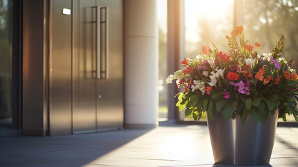 Fototapeta premium Colorful flower arrangement in a modern building entryway