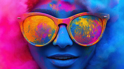 A stunning close-up of a colorful face wearing sunglasses covered in Holi powder, featuring bold sunglasses and bright hues, capturing the essence of fun and creativity.