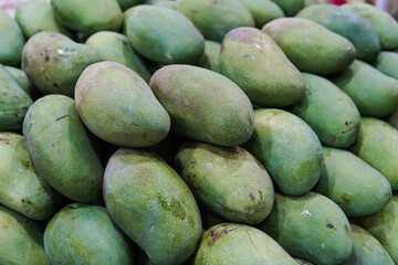 Whole fresh mangoes sold in fruit shops are suitable for design purposes, as illustrations for articles about fruits and others.