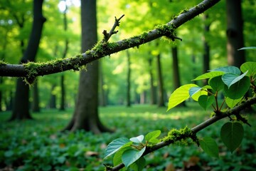 Fototapeta premium Ash-covered branches against a backdrop of green foliage, forest, branches