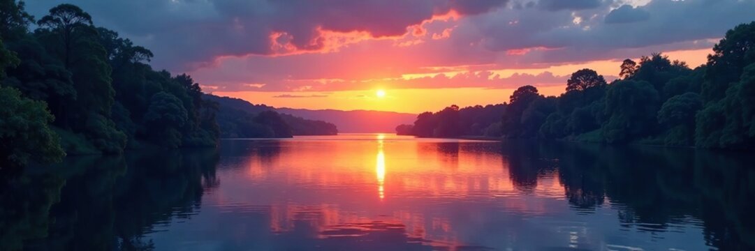 As twilight approaches, warm orange tones mix with deep blues on a quiet river, evening, blue, serenity