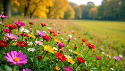 Fototapeta premium Autumn meadow with a variety of wildflowers including asters, chrysanthemums and sedum, seasonal change, sedum, countryside scenery