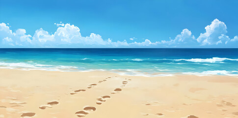 Fototapeta premium A serene beach scene with footprints leading towards the ocean under a clear blue sky.