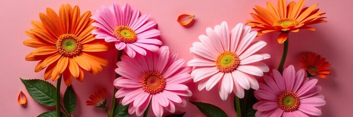 Obraz premium A vibrant bouquet of gerbera daisies in shades of pink and orange, spring flowers, pink flowers