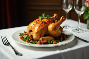 A whole chicken on a white linen tablecloth with silverware, formal, anniversary