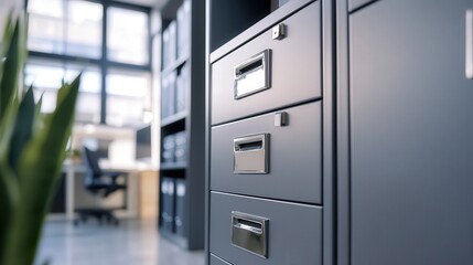 A steel filing cabinet with reinforced corners, ideal for high-security office environments.