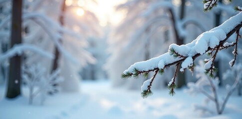 Obraz premium A winter wonderland scene with snow-covered tree branches and a blurred background, wintery landscape, blanched