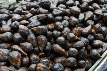Stacked salak fruit displayed in a fruit shop is suitable for design needs, backgrounds, illustrations for articles about fruits and others.