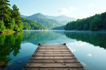 Obraz premium A wooden dock on a calm lake with a lush green surrounding, lake view, serenity