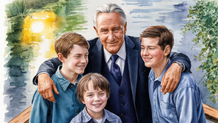 Three generations of a family gathered together. Grandfather, son and grandchildren. There is a calm river and greenery in the background. The concept of love and lasting bonds between generations.