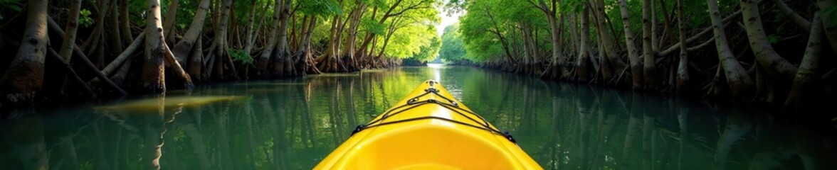 Fototapeta premium A yellow kayak glides through the narrow mangrove forest channels, waterway, nature, wooden paddle