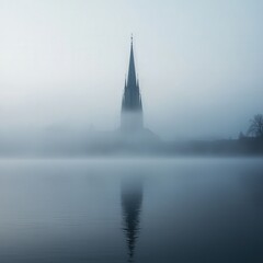 riverside church during a misty morning. The fog rolls over the water and partially obscures the spire, creating an ethereal atmosphere