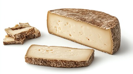 A whole wheel of cheese, a wedge, and a few slices of cheese isolated on a white background.