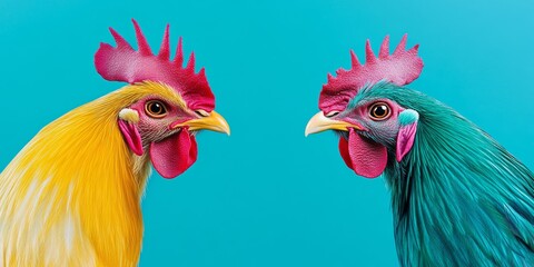 Fototapeta premium Two chickens with different colored heads facing each other
