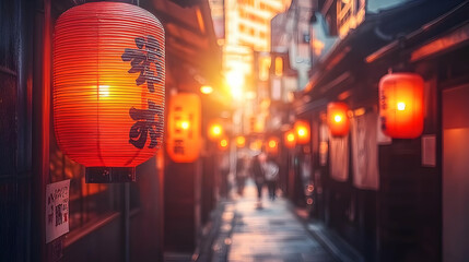 Obraz premium Evening Cityscape with Illuminated Paper Lanterns