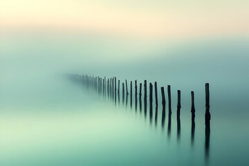 Obraz premium A serene landscape featuring a fog-covered waterway with wooden posts extending into the distance.