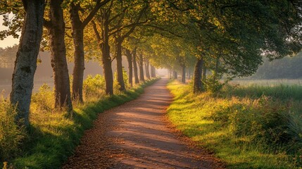 Obraz premium Sunlit path, autumn leaves, tree-lined lane.