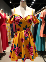 Naklejka premium A vibrant, off-the-shoulder summer dress with a floral design displayed on a mannequin, surrounded by colorful clothing in a well-lit store backdrop