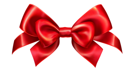 Vibrant red ribbon bow with smooth loops and a shiny finish, suitable for decorative purposes or festive accents. Isolated on transparent background