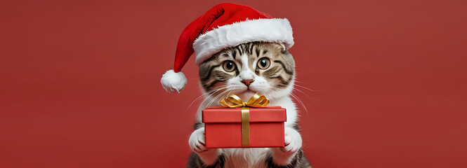 Merry Christmas concept holiday vacation winter animal pet greeting card - Cat with santa claus hat, isolated on red background. 300dpi. 