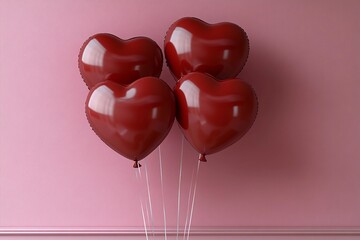 Heart-shaped balloons in red on a soft pink background for celebration. Generative AI