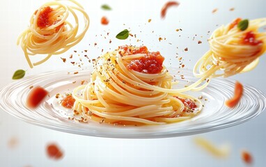 Flying plates of pasta with spirals and sauces hovering dynamically