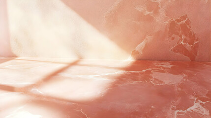 Fototapeta premium A serene interior space with a soft pink marble floor and textured walls, illuminated by sunlight.