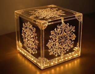 Decorative illuminated cube featuring intricate snowflake designs, creating a warm, enchanting...