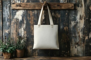 Simple white tote bag hanging on rustic wooden wall with greenery below. Generative AI