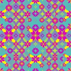 Fototapeta premium Vibrant Floral Pattern: This eye-catching seamless pattern bursts with colorful flowers and geometric shapes, creating a dynamic and uplifting design.