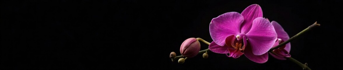 Obraz premium Black background with a blooming pink orchid stem, nature, flower