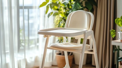A white baby high chair in a living room with a window and plants.