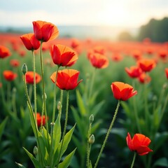 Obraz premium Blooming poppy stems rise from a vast expanse of sapphire blue grass, green, field